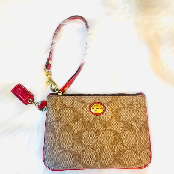 Coach Handbags - Coach Leather Logo Tan Red Wristlet